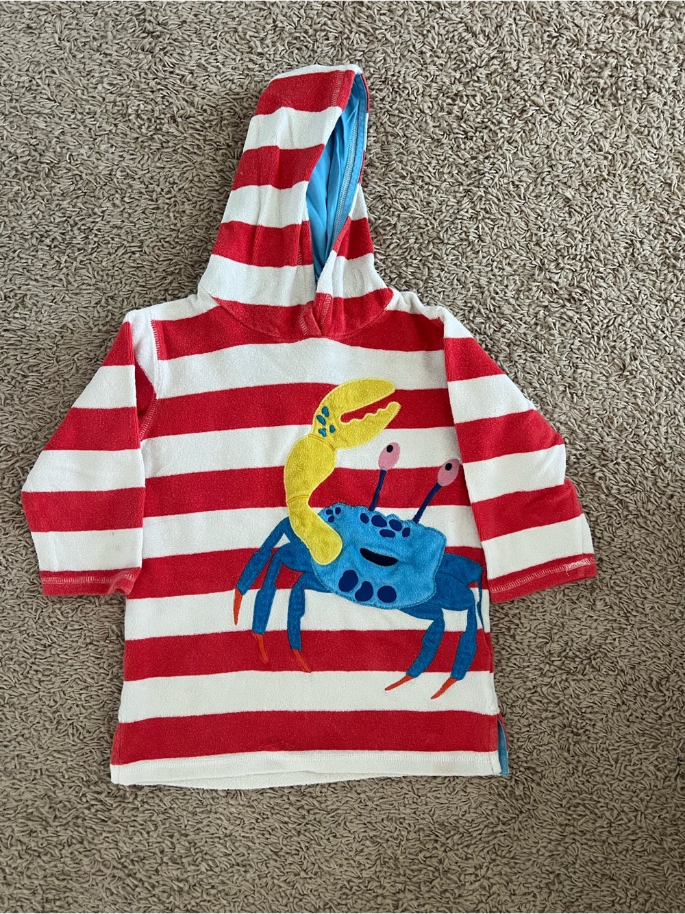 Mini Boden Blue and White Striped Hooded Towel Top with Red Trim